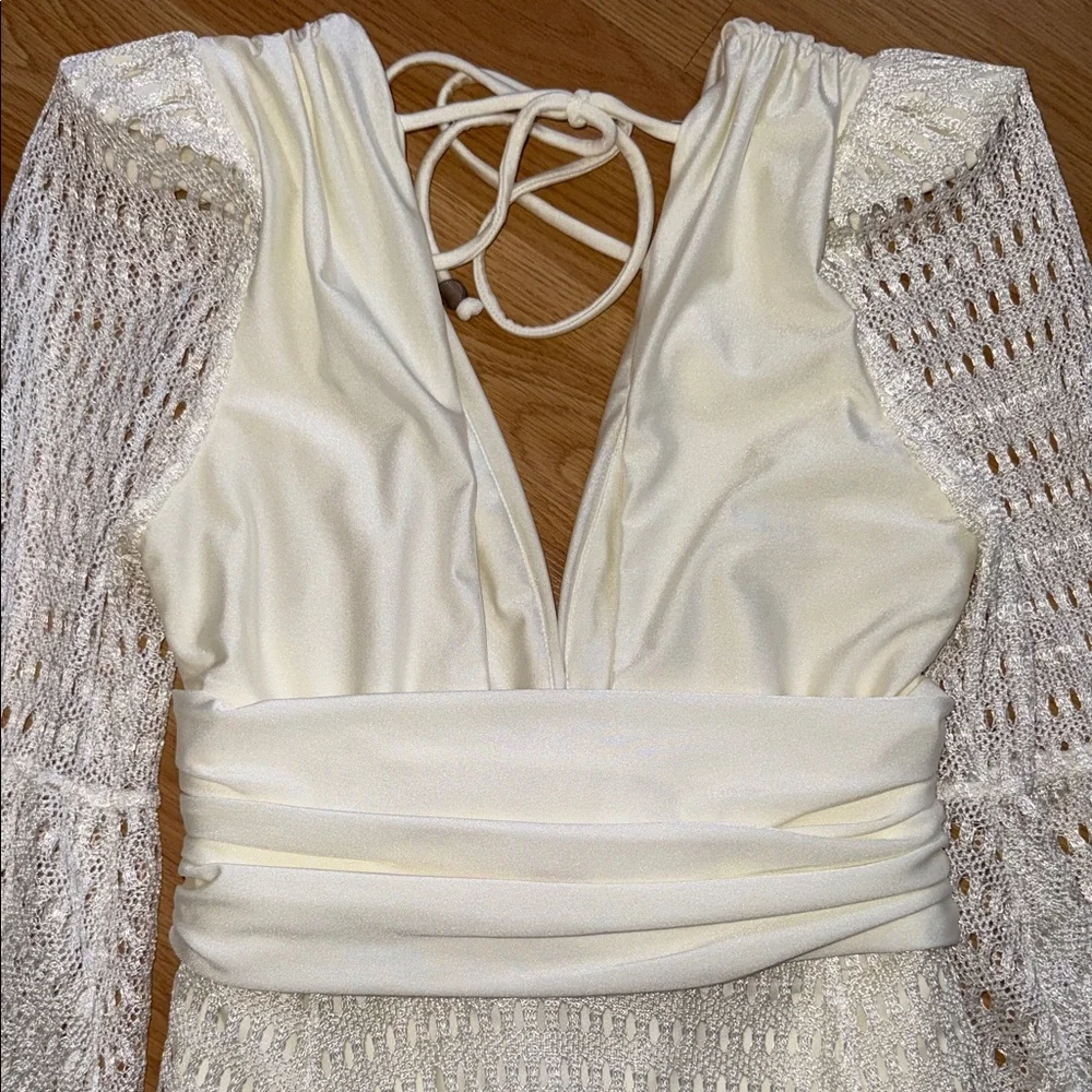 PatBO Plunge Long Sleeve Beach Dress Ivory Lace Mesh Dress Seashell Medium - Picture 11 of 11
